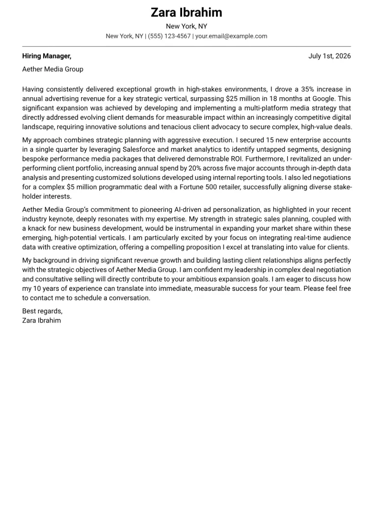 Advertising Sales Manager cover letter example preview