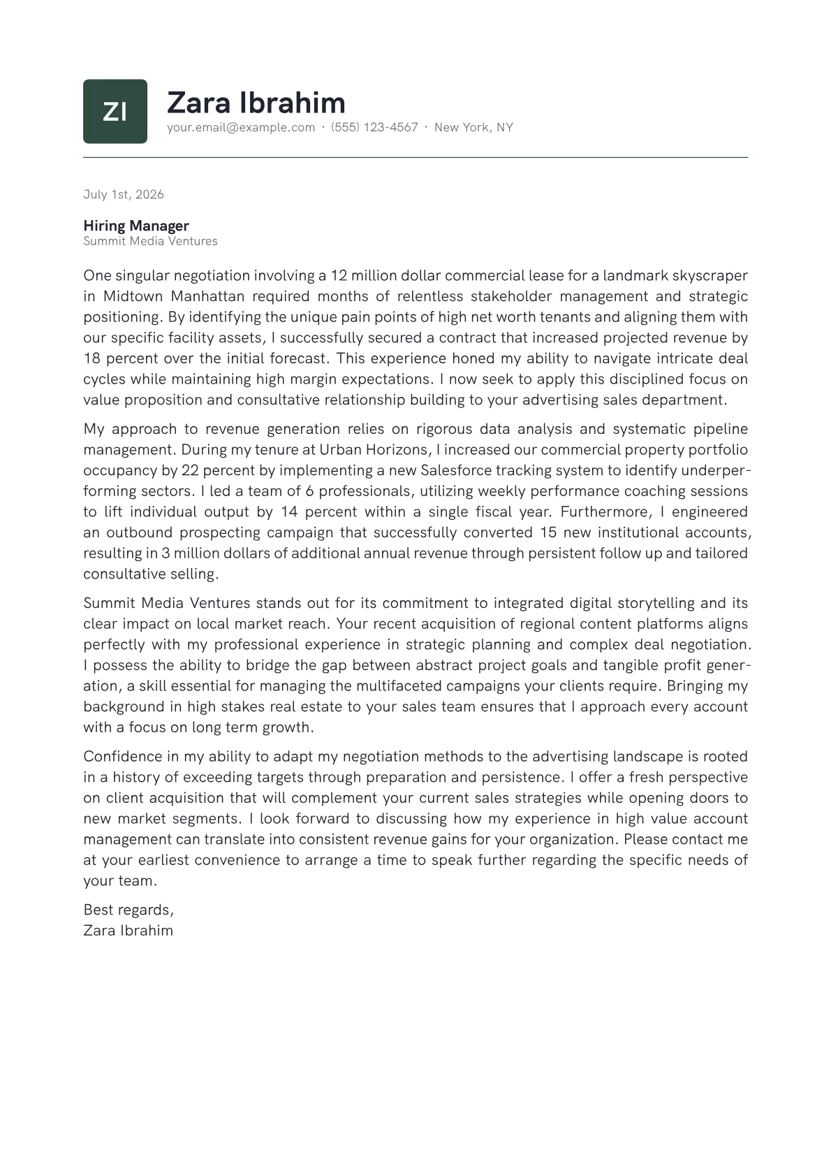Advertising Sales Manager cover letter in the Emblem design