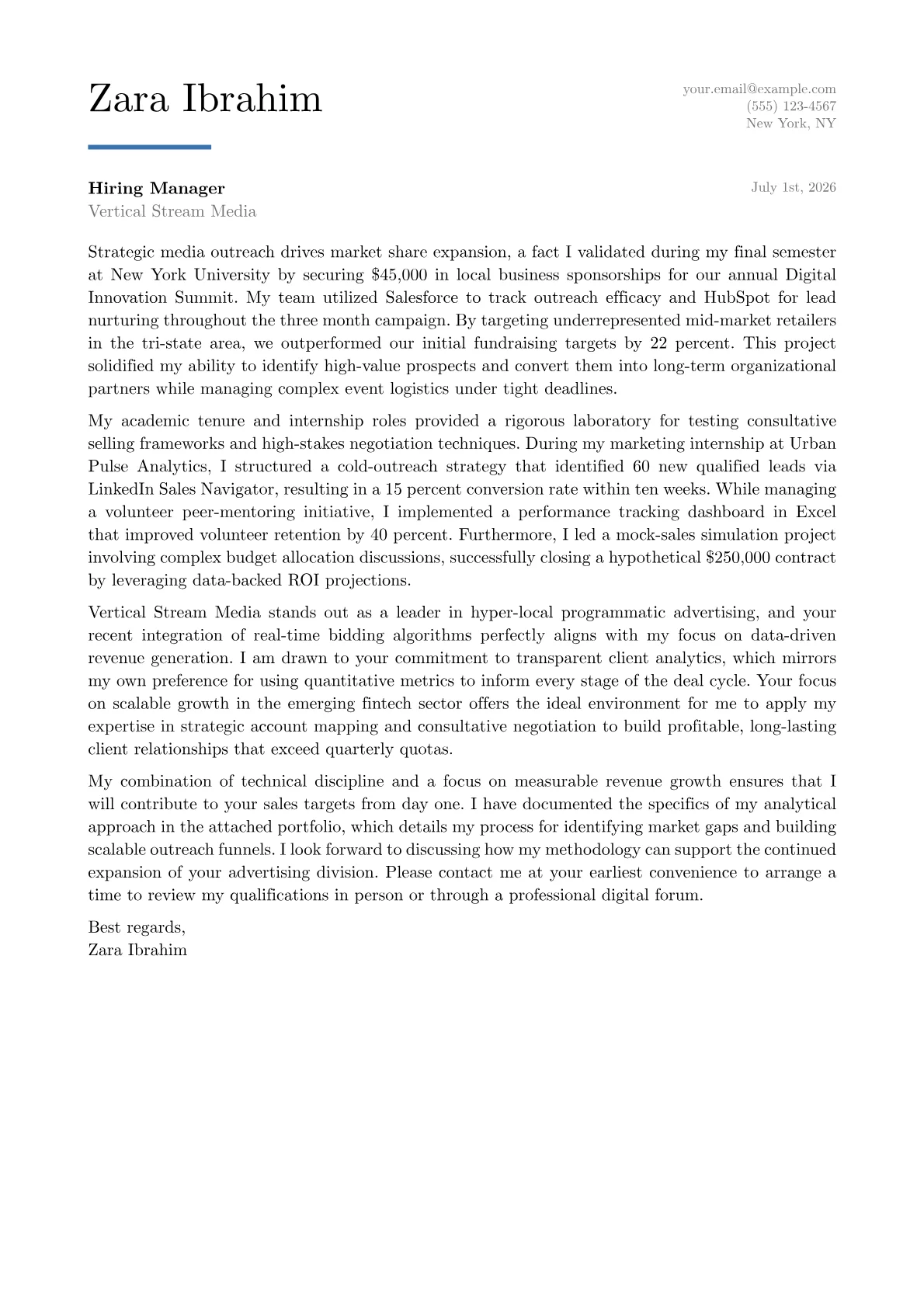 Advertising Sales Manager cover letter in the Executive design