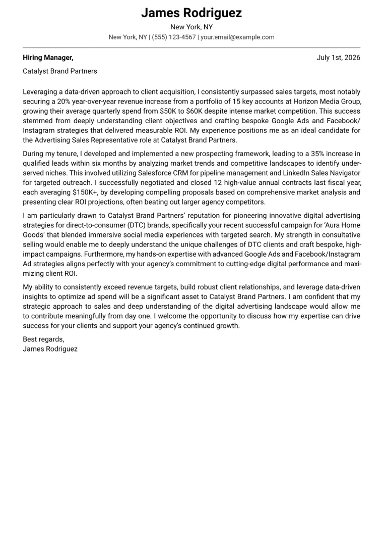 Advertising Sales Representative cover letter example preview