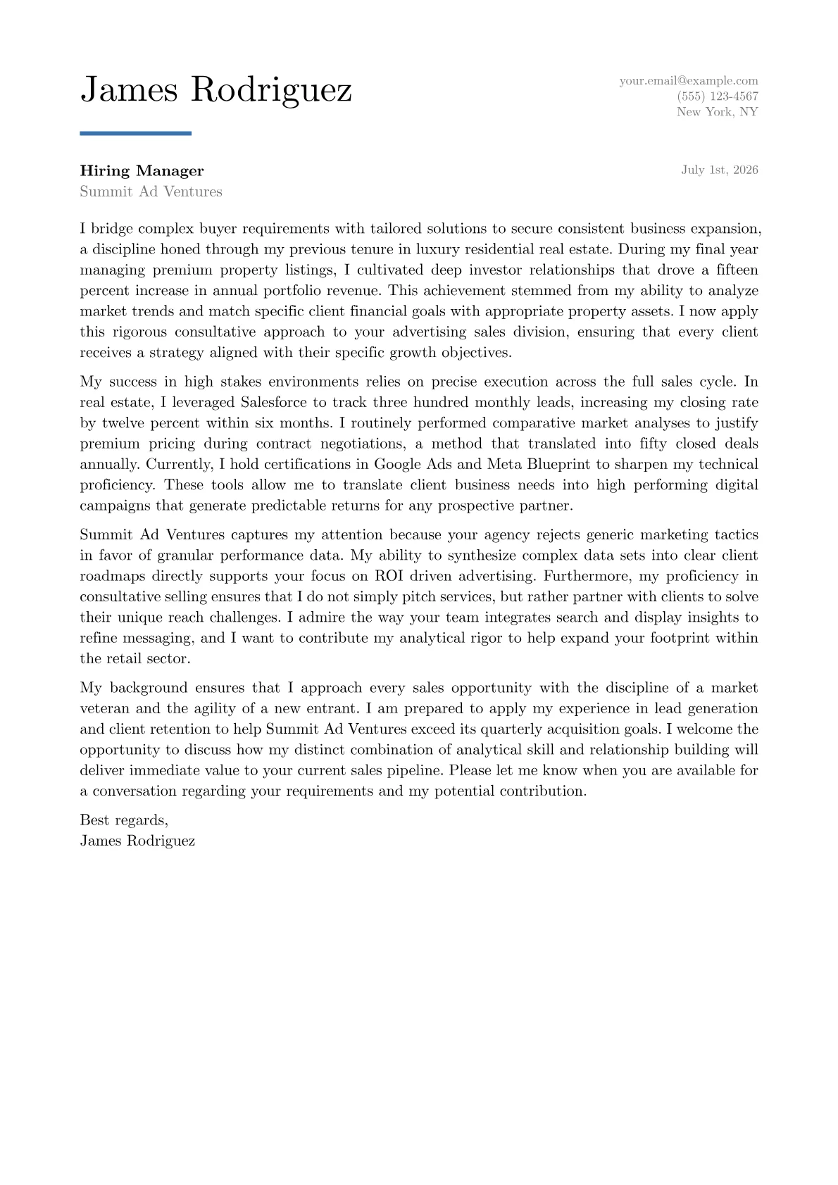 Advertising Sales Representative cover letter in the Executive design