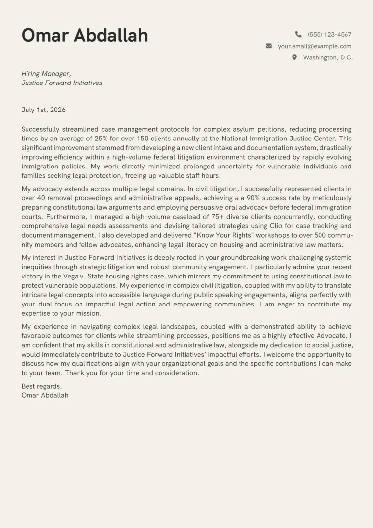 Advocate cover letter example