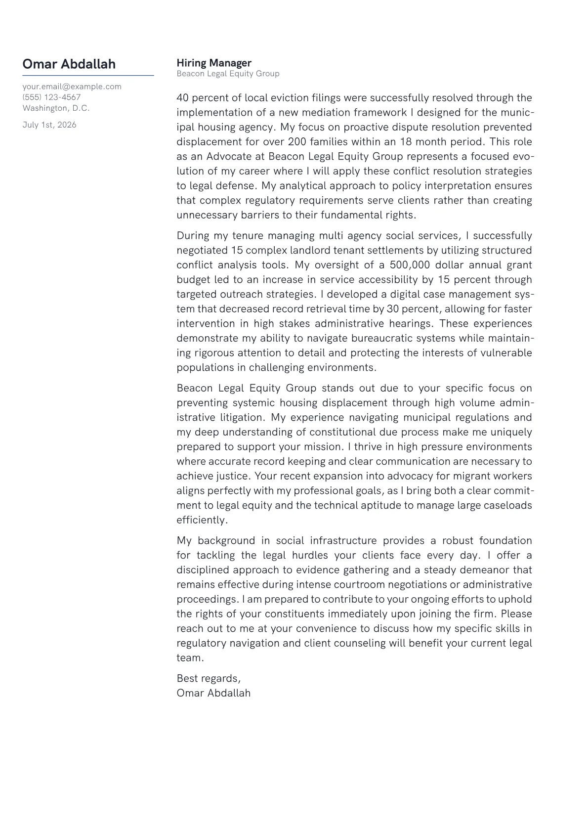 Advocate cover letter in the Margin design