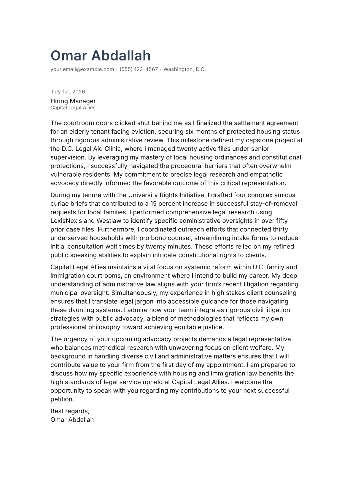 Advocate cover letter in the Minimal design