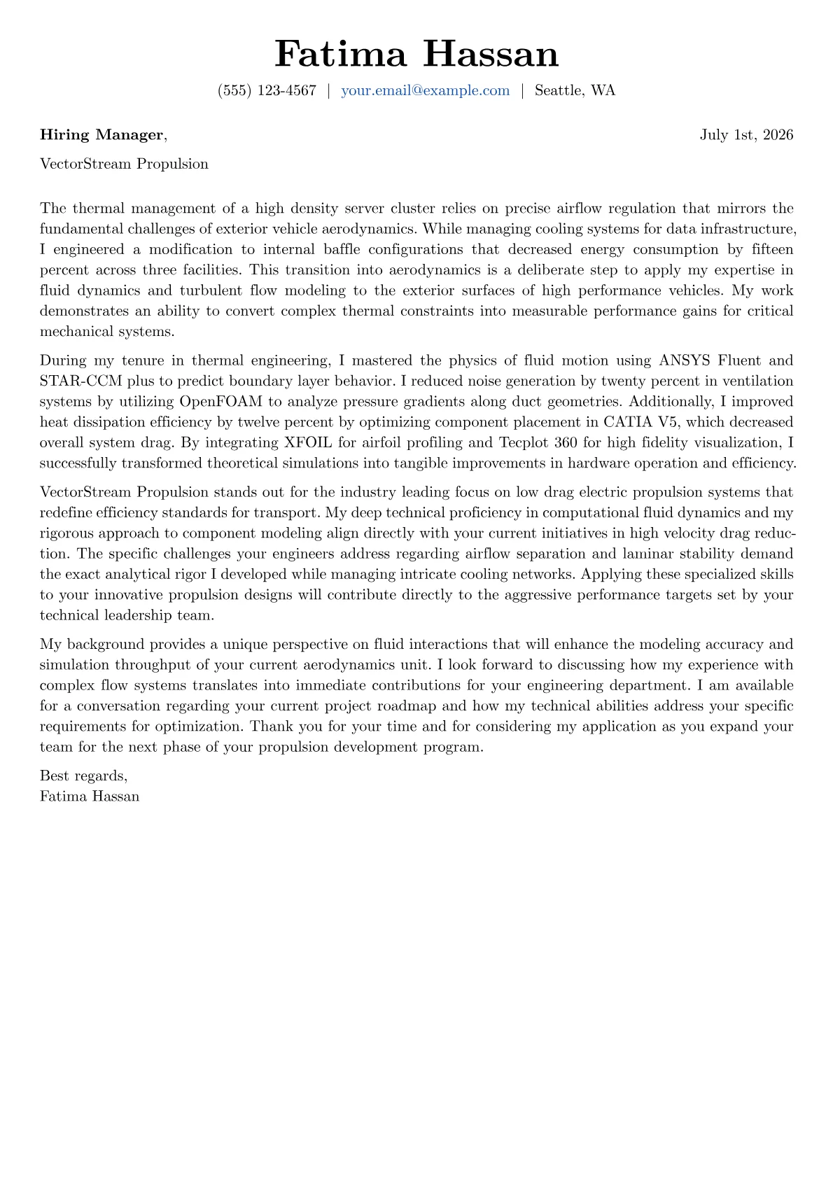 Aerodynamics Engineer cover letter in the Basic design