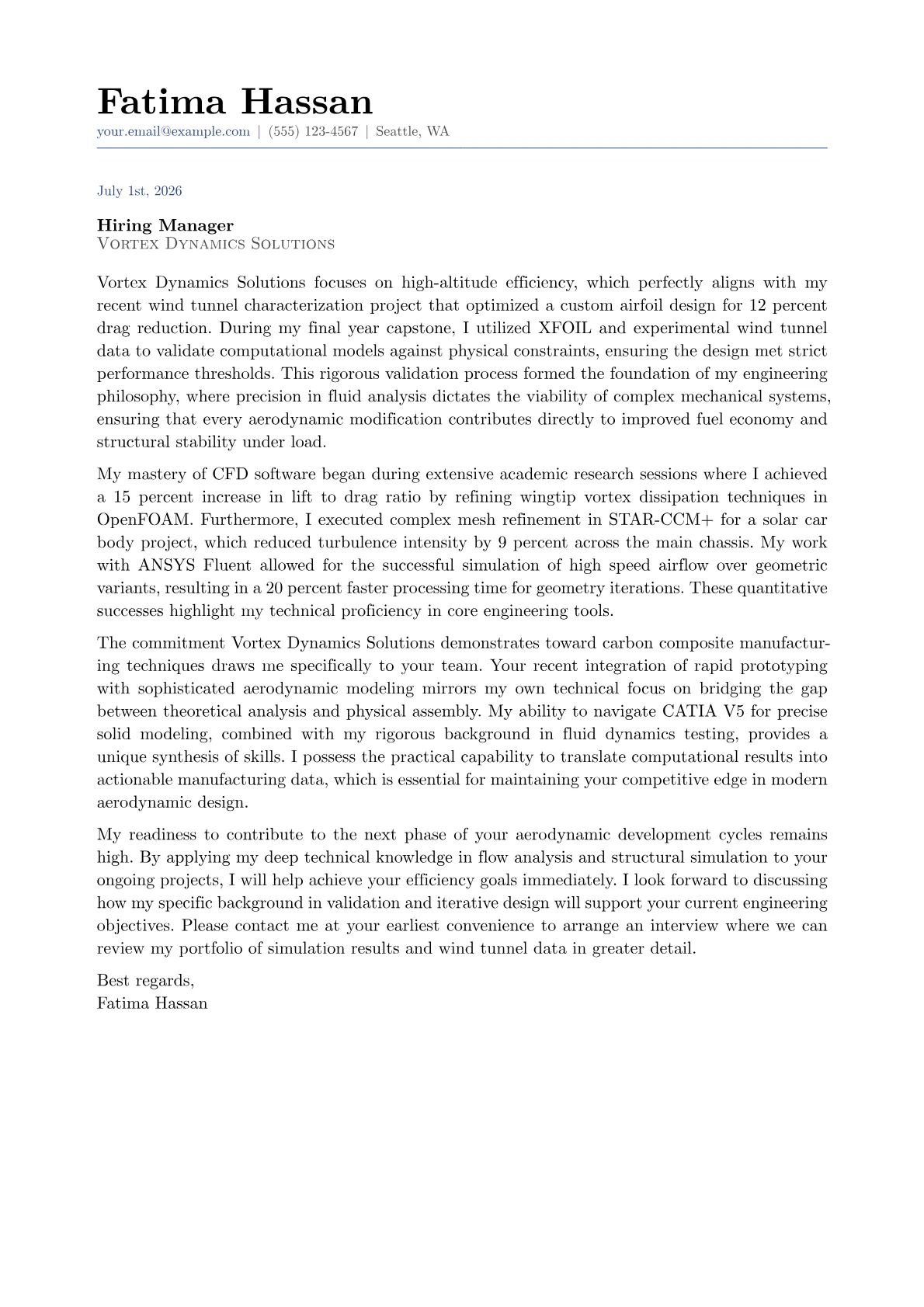 Aerodynamics Engineer cover letter in the Classic design