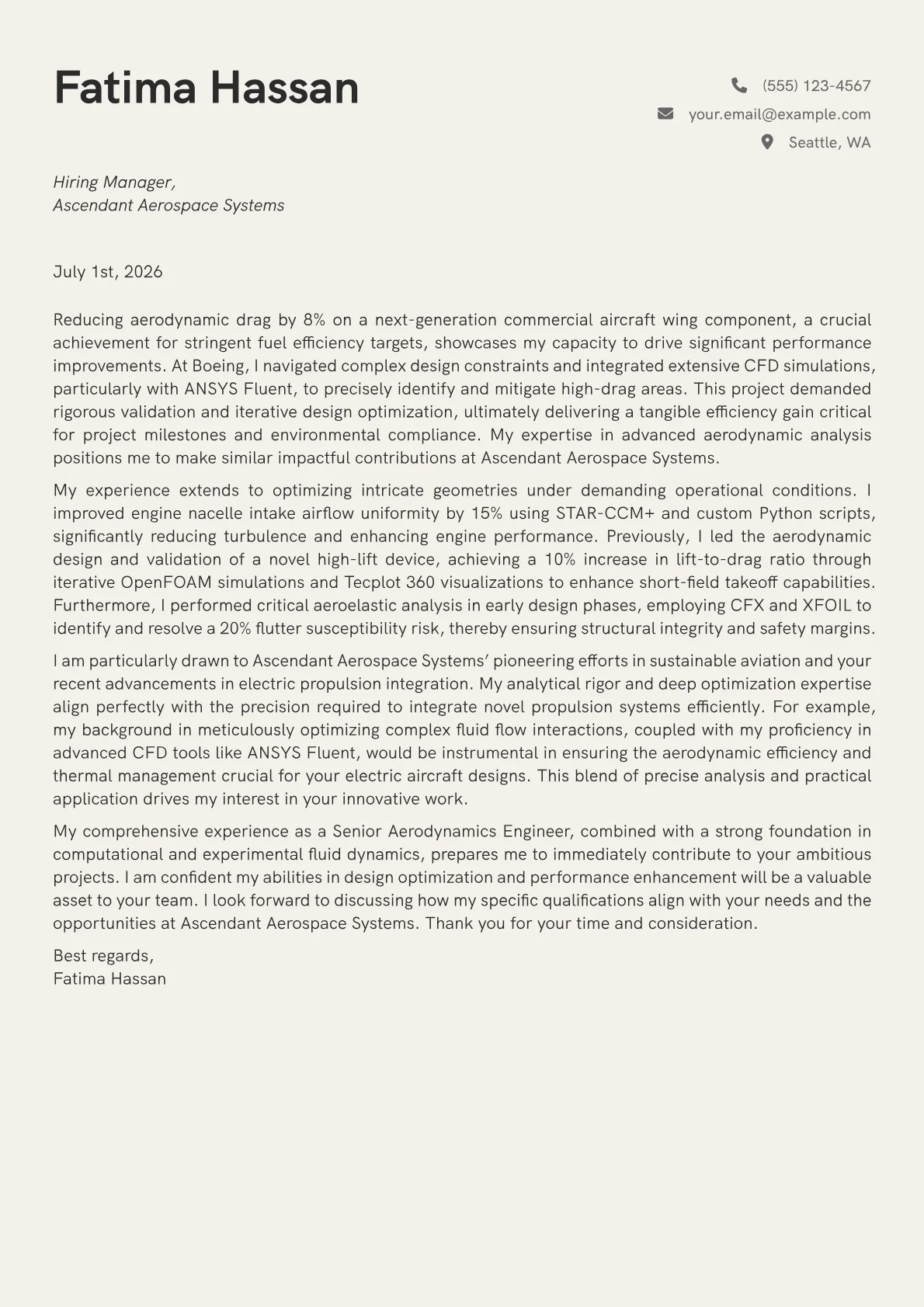 Aerodynamics Engineer cover letter formatted with a JobSprout template