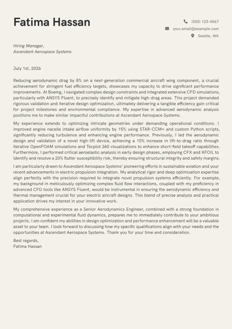 Aerodynamics Engineer cover letter example preview