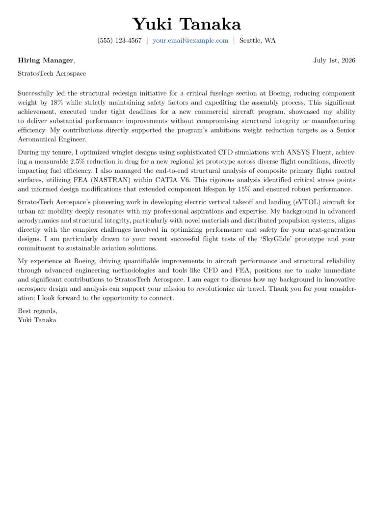 Aeronautical Engineer Cover Letter Example