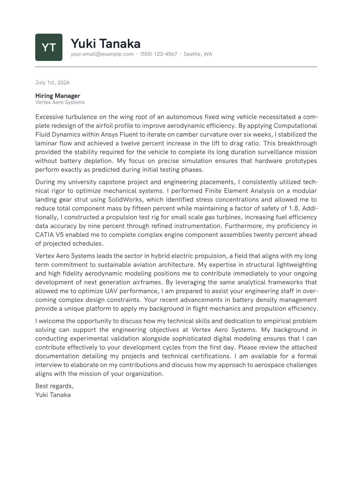 Aeronautical Engineer cover letter in the Emblem design