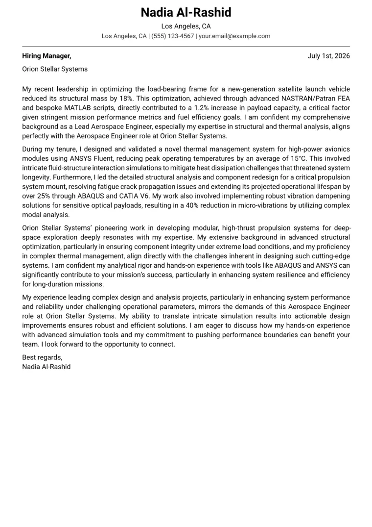 Aerospace Engineer Cover Letter Example