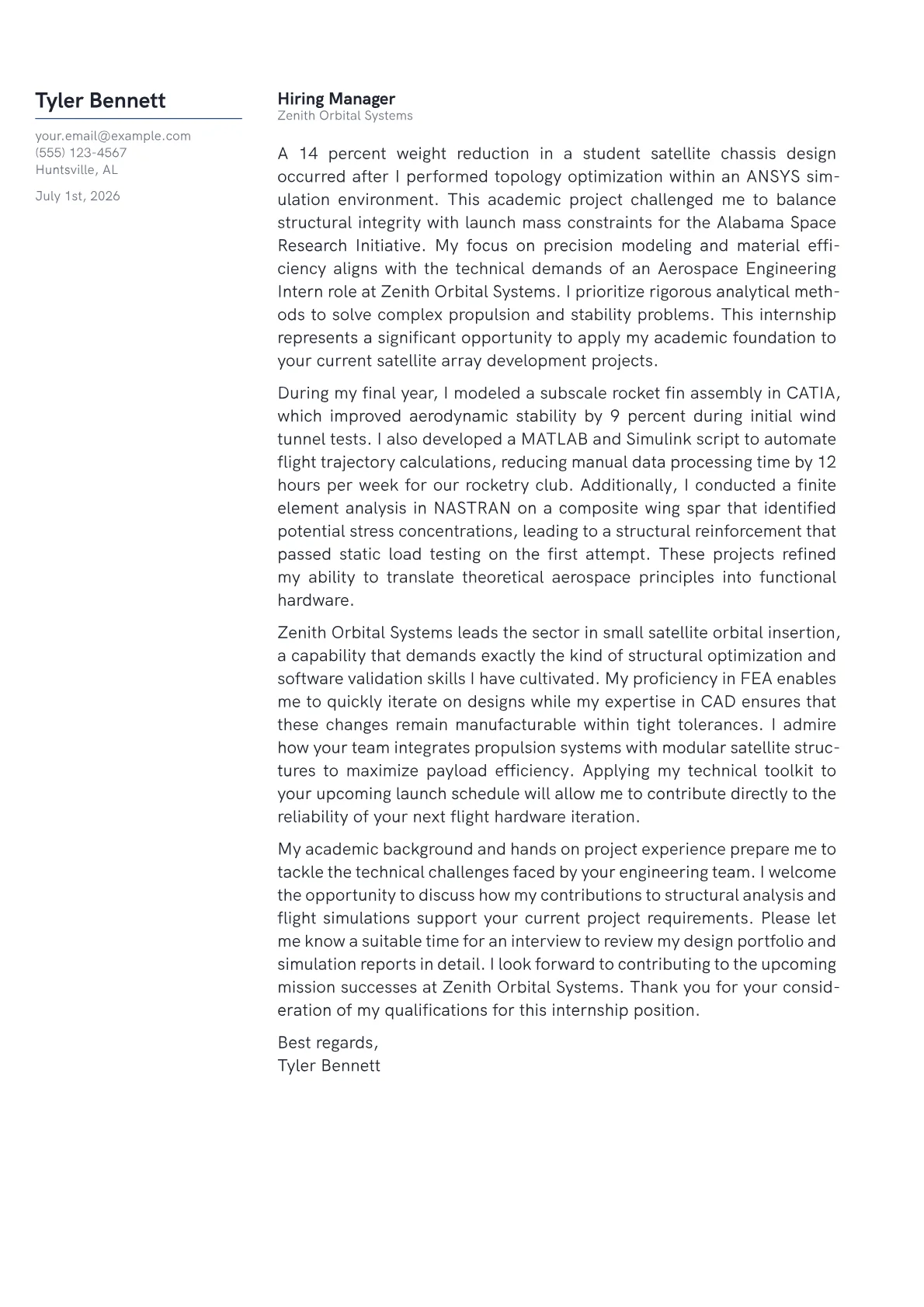 Aerospace Engineering Intern cover letter in the Margin design