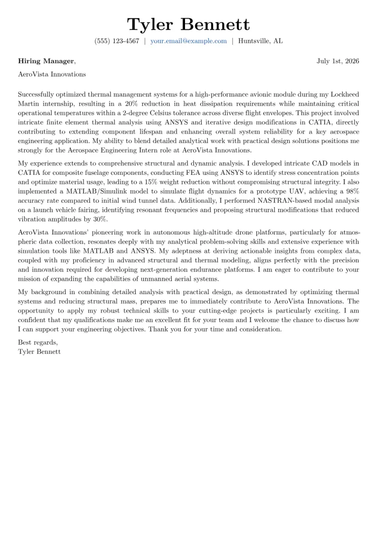 Aerospace Engineering Intern cover letter example preview
