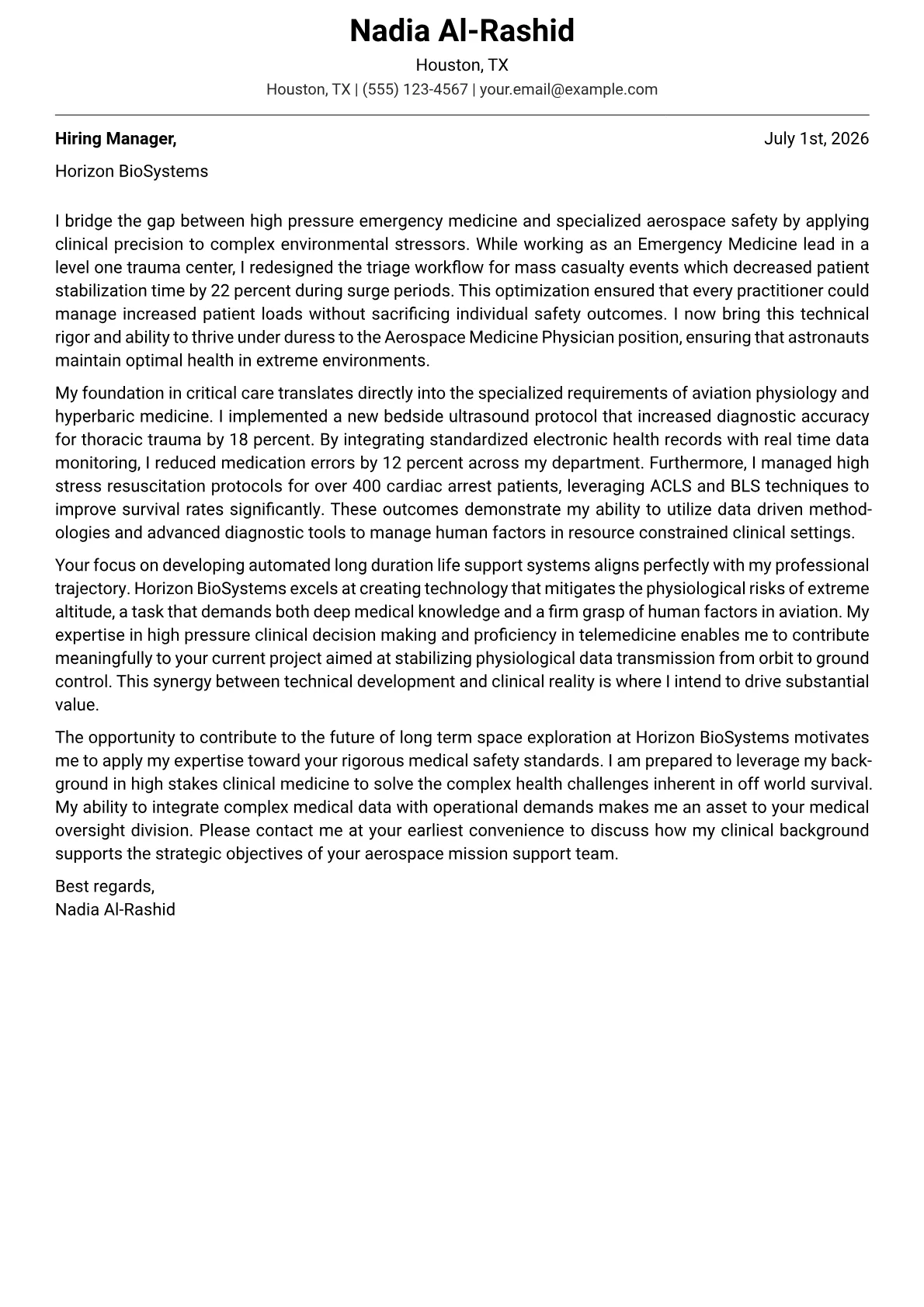 Aerospace Medicine Physician cover letter in the Modern design