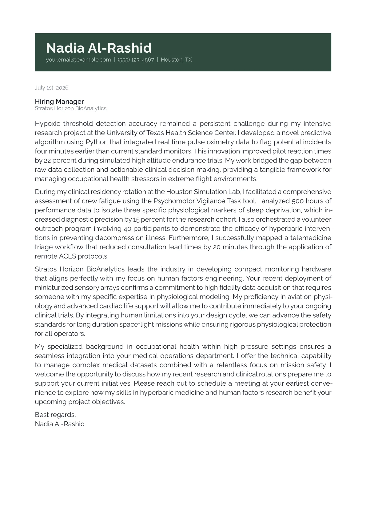 Aerospace Medicine Physician cover letter in the Banner design
