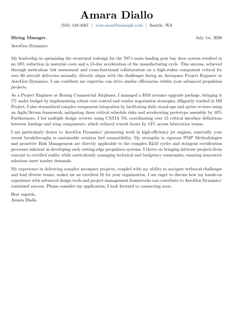 Aerospace Project Engineer Cover Letter Example
