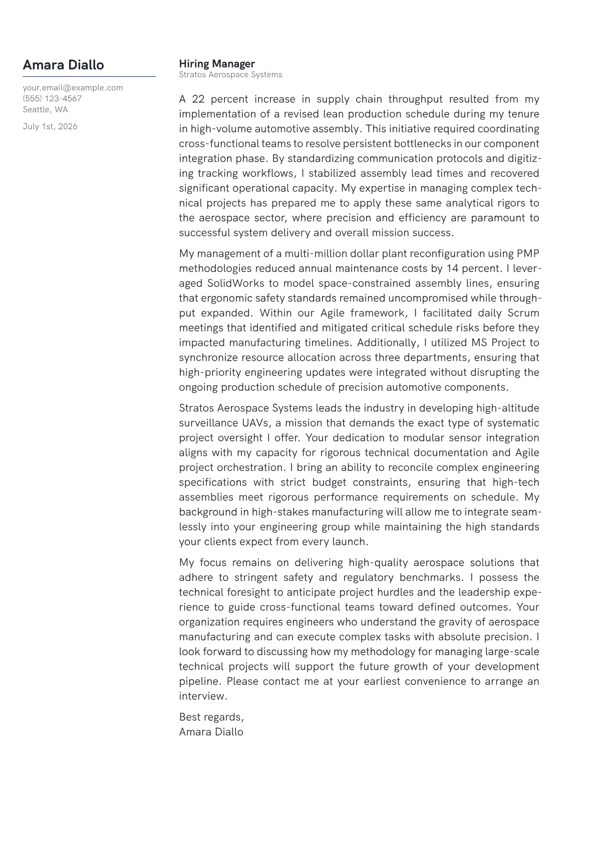 Aerospace Project Engineer cover letter in the Margin design