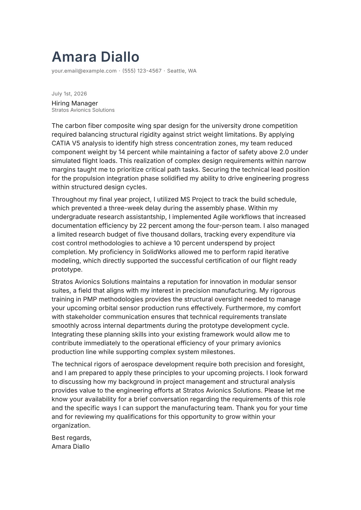 Aerospace Project Engineer cover letter in the Minimal design