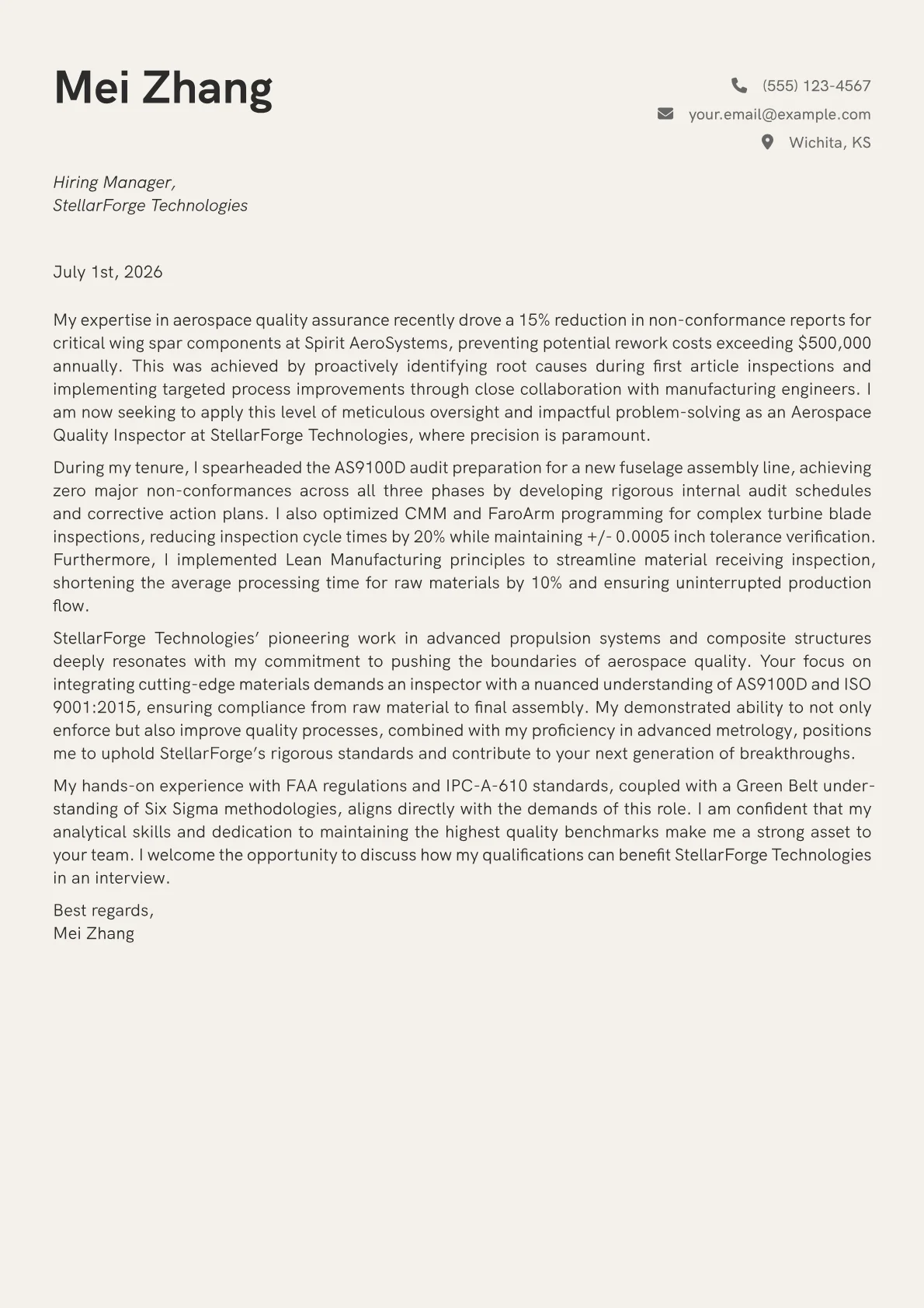 Aerospace Quality Inspector cover letter formatted with a JobSprout template