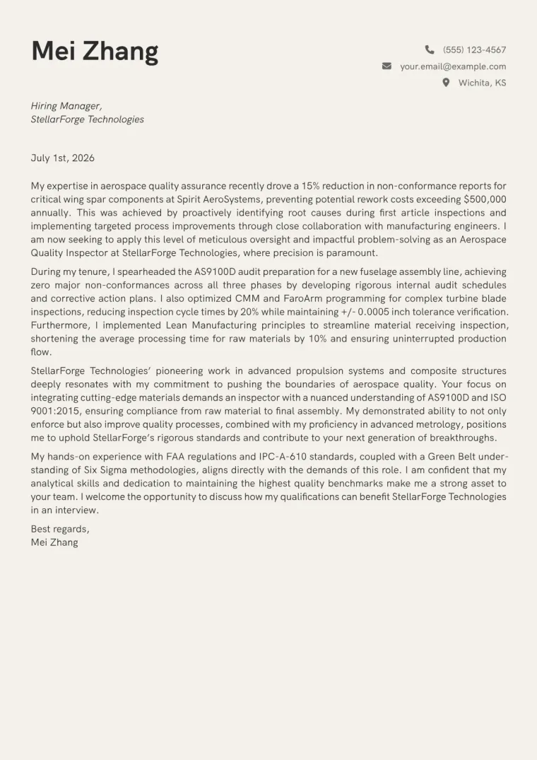 Aerospace Quality Inspector cover letter example preview