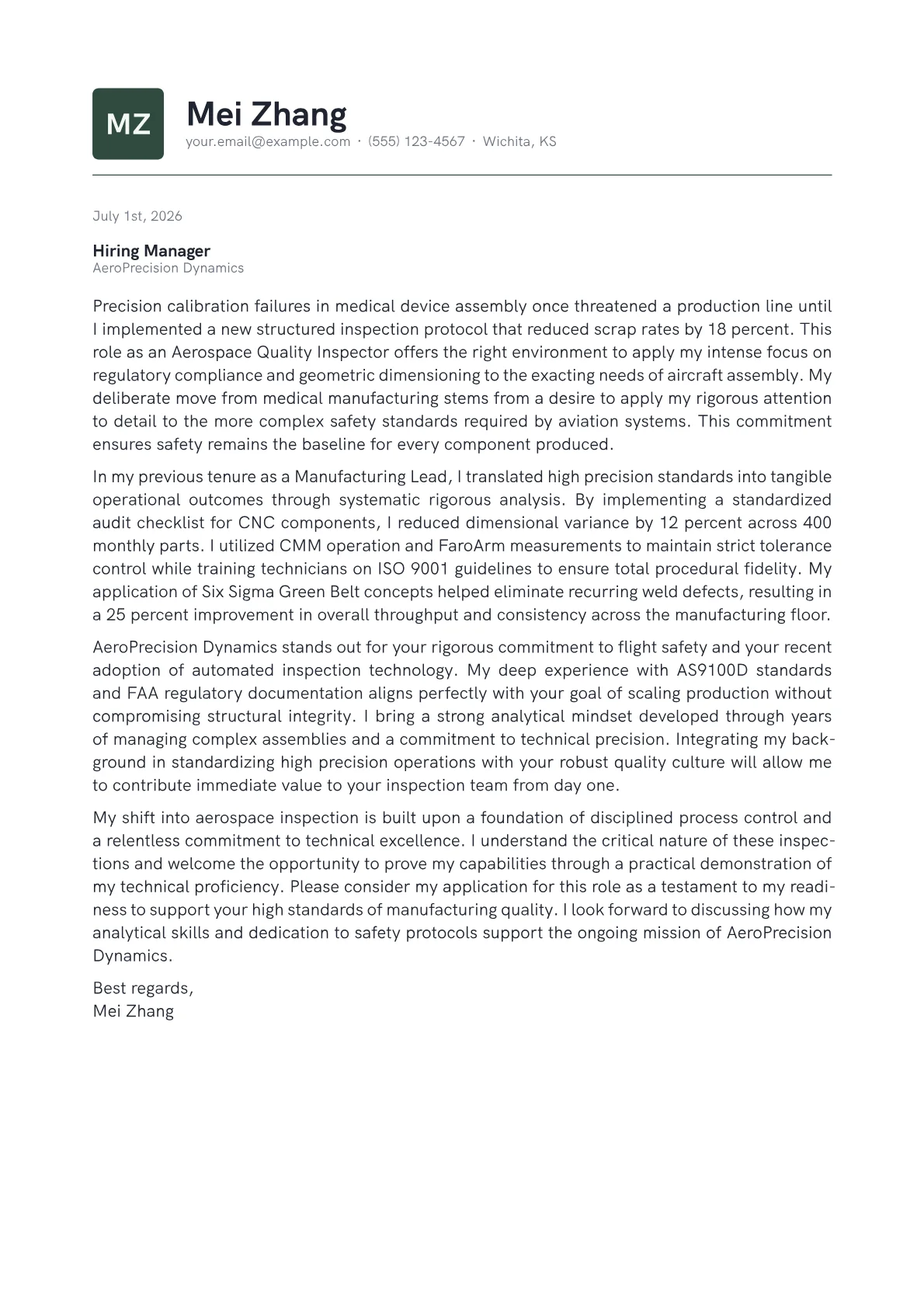 Aerospace Quality Inspector cover letter in the Emblem design