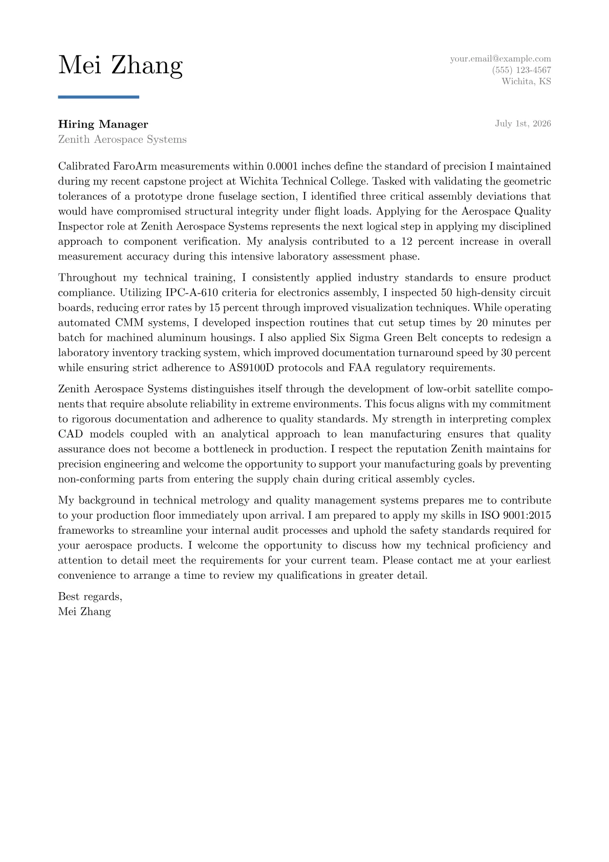 Aerospace Quality Inspector cover letter in the Executive design