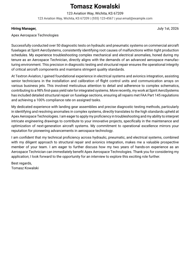 Aerospace Technician Cover Letter Example + Template (2026)
