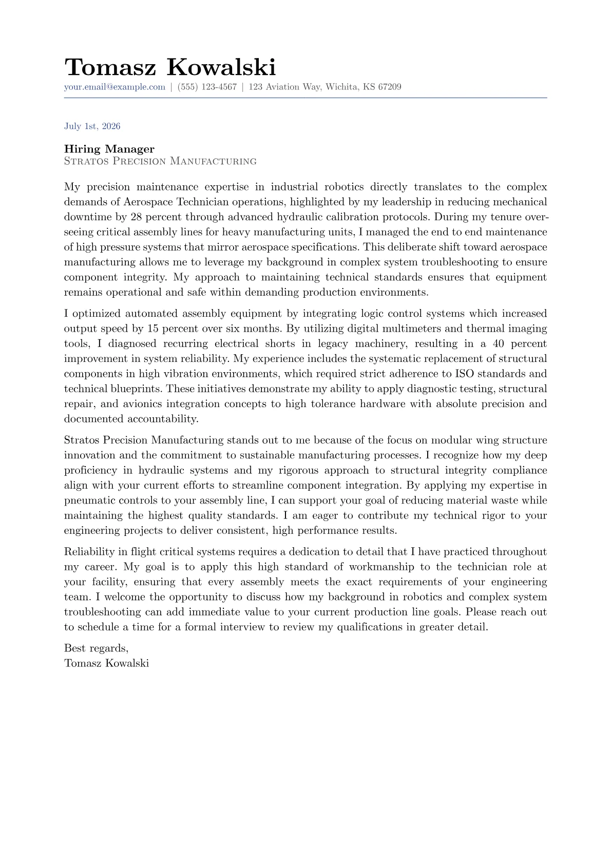 Aerospace Technician cover letter in the Classic design