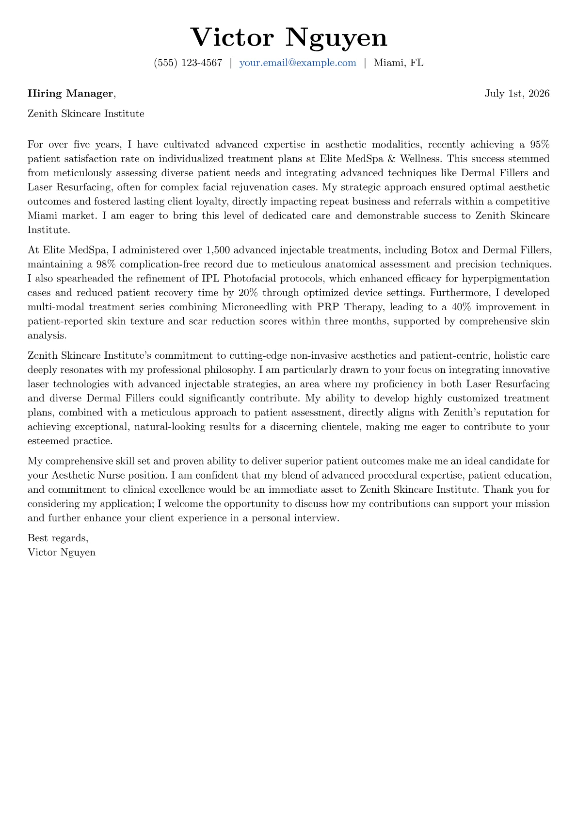 Aesthetic Nurse cover letter formatted with a JobSprout template