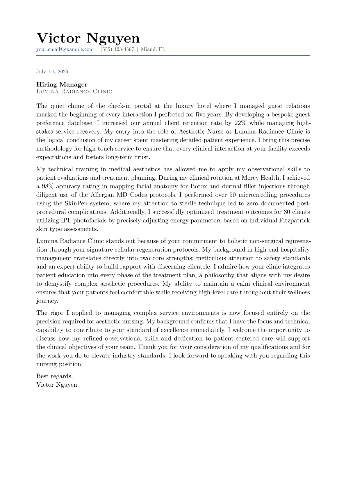 Aesthetic Nurse cover letter in the Classic design