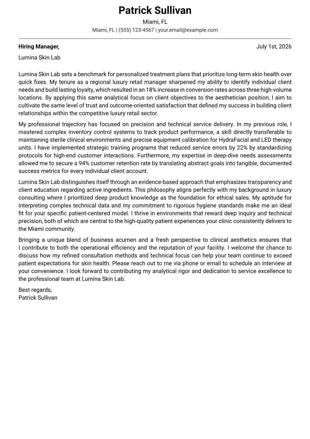 Aesthetician cover letter in the Modern design