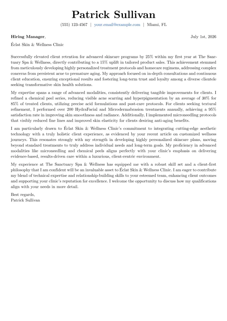Aesthetician Cover Letter Example