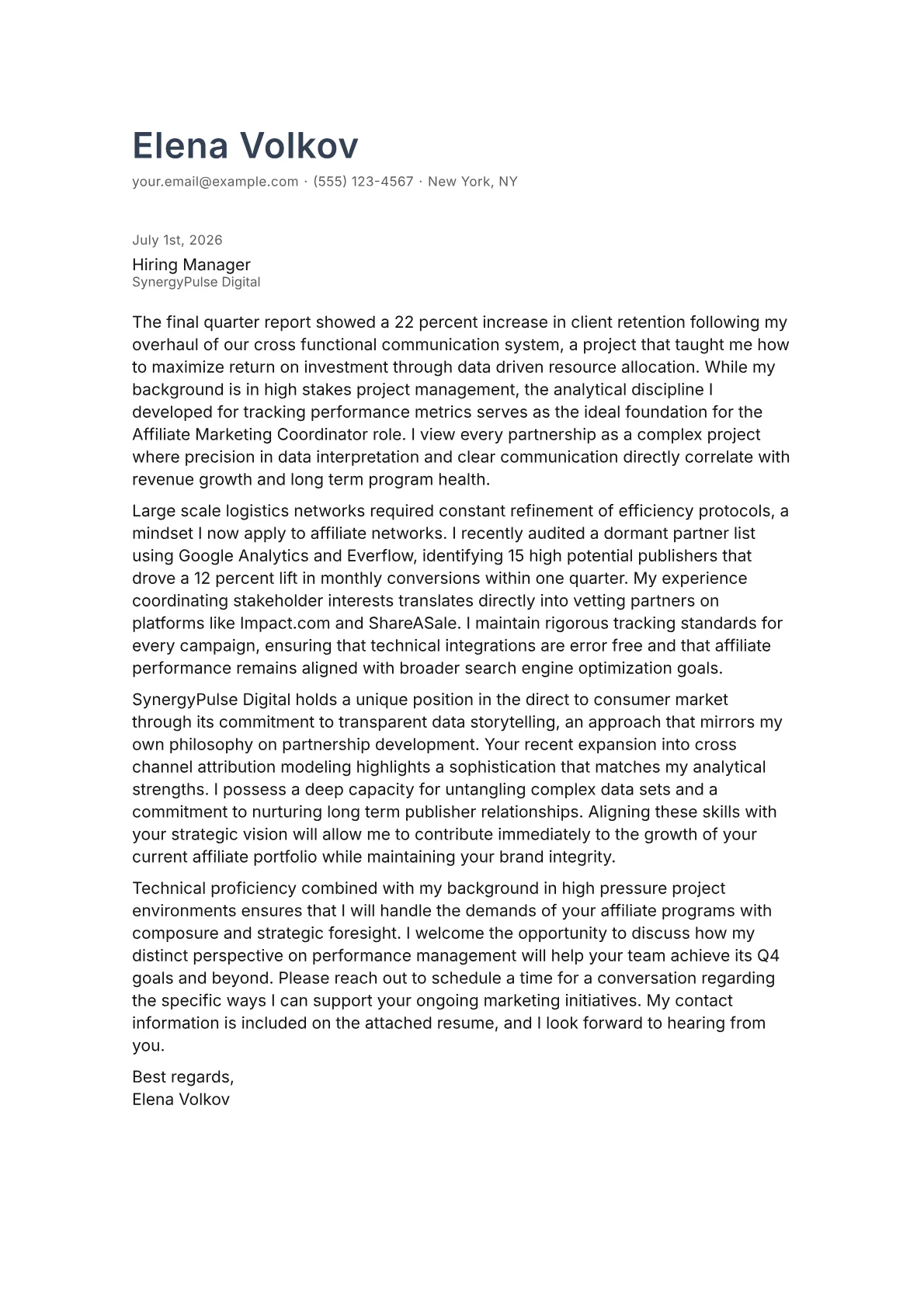Affiliate Marketing Coordinator cover letter in the Minimal design
