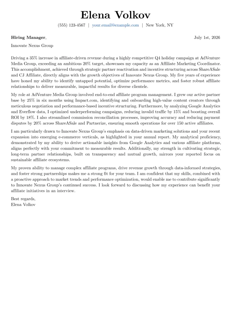Affiliate Marketing Coordinator Cover Letter Example
