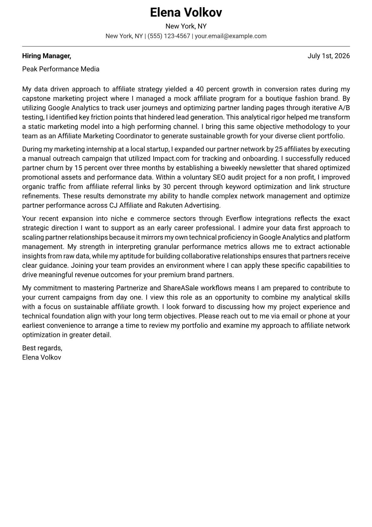 Affiliate Marketing Coordinator cover letter in the Modern design