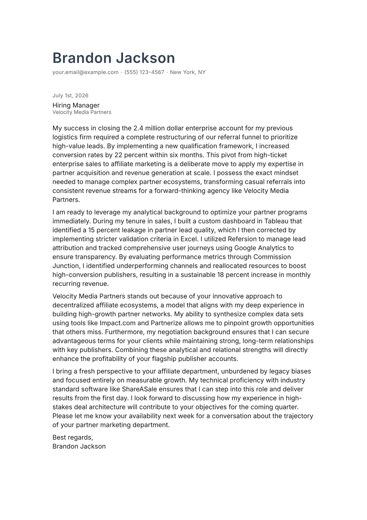 Affiliate Marketing Manager cover letter in the Minimal design