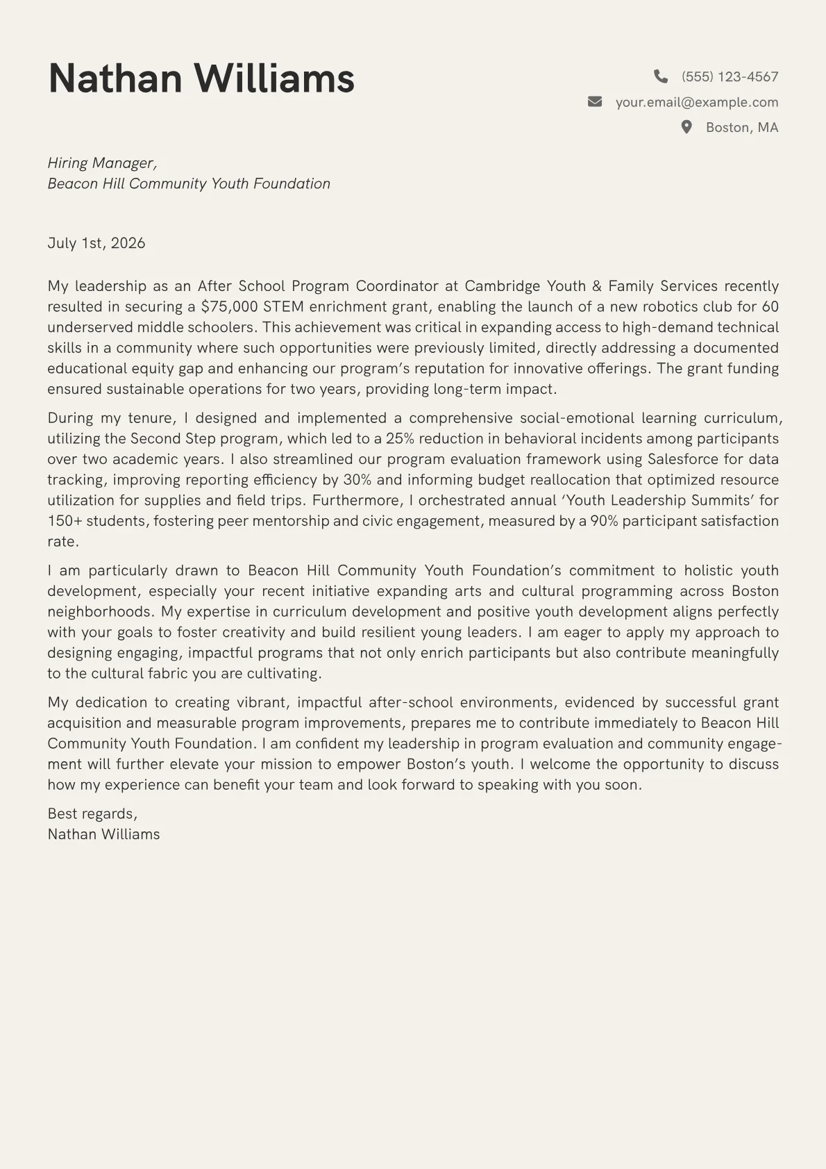 After School Program Coordinator cover letter formatted with a JobSprout template