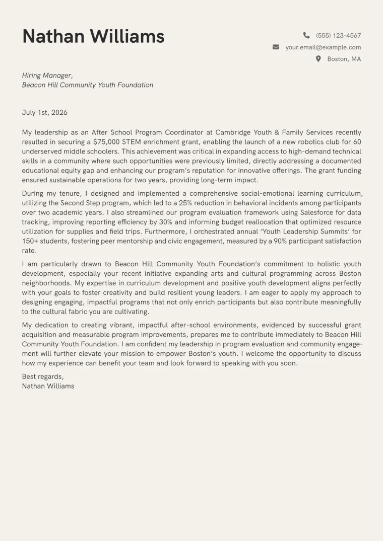 After School Program Coordinator cover letter example preview