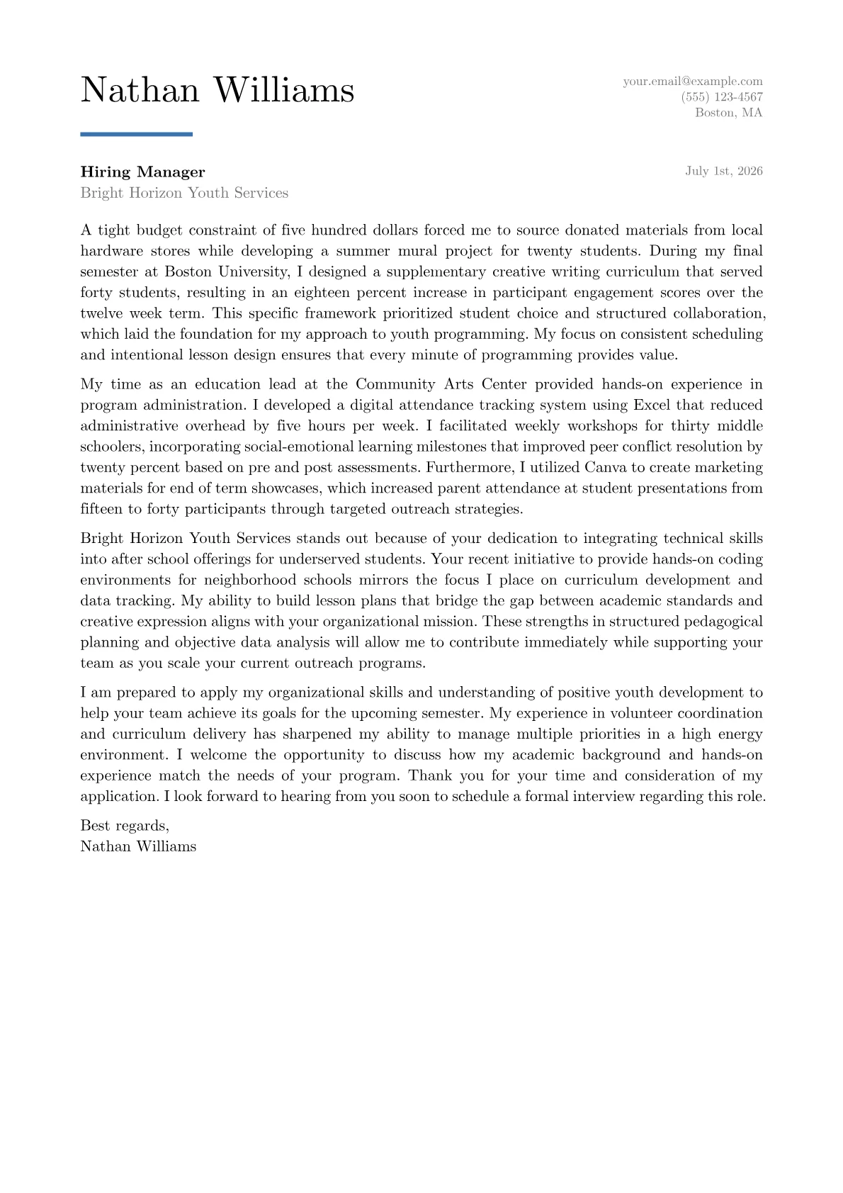 After School Program Coordinator cover letter in the Executive design