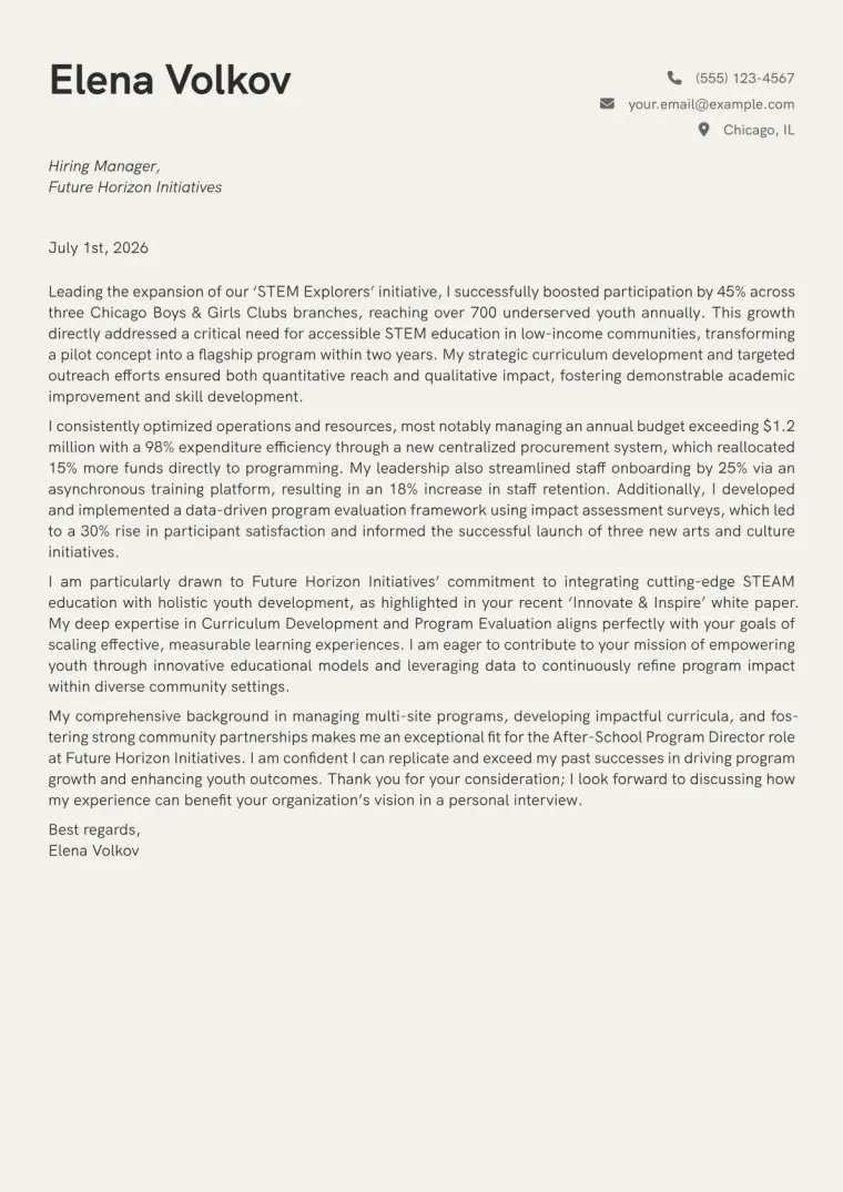 After-School Program Director cover letter example preview