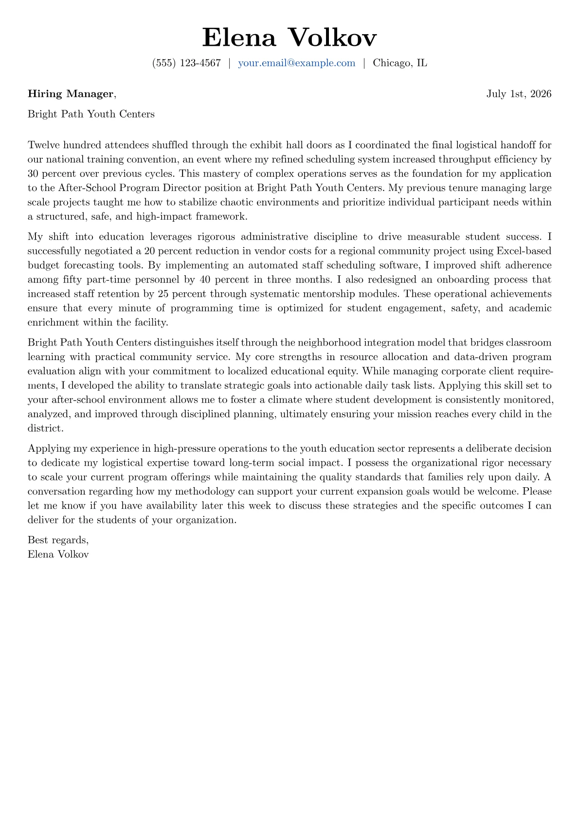 After-School Program Director cover letter in the Basic design