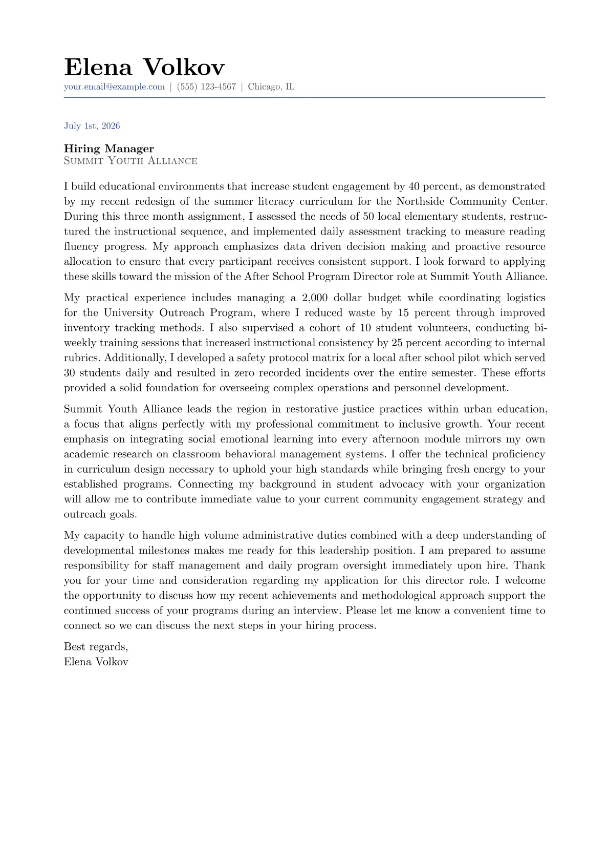 After-School Program Director cover letter in the Classic design
