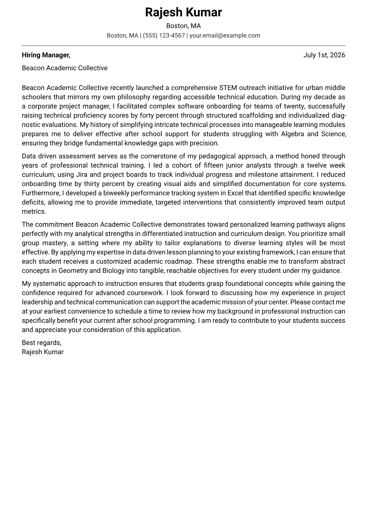 After-School Tutor cover letter in the Modern design