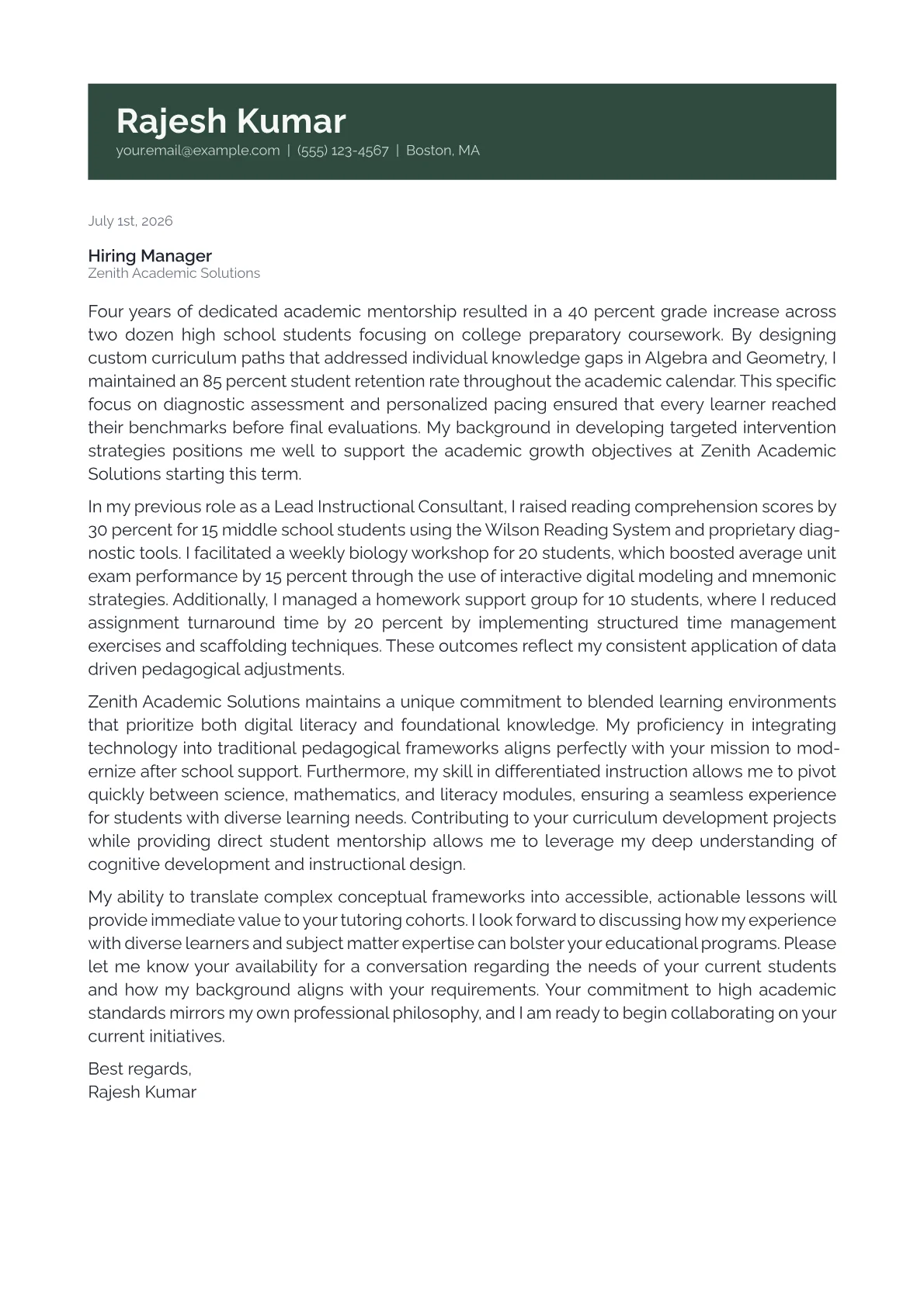 After-School Tutor cover letter in the Banner design