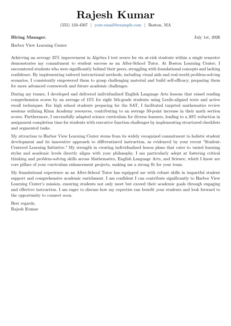 After-School Tutor cover letter example preview