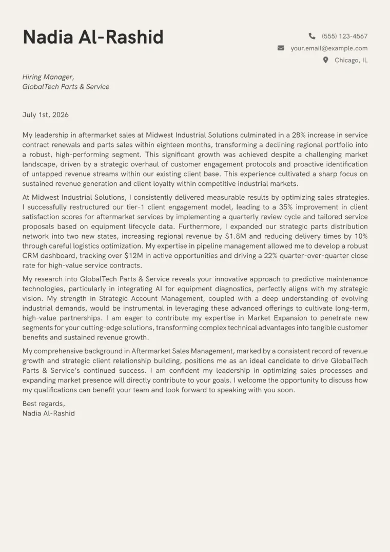 Aftermarket Sales Manager cover letter example