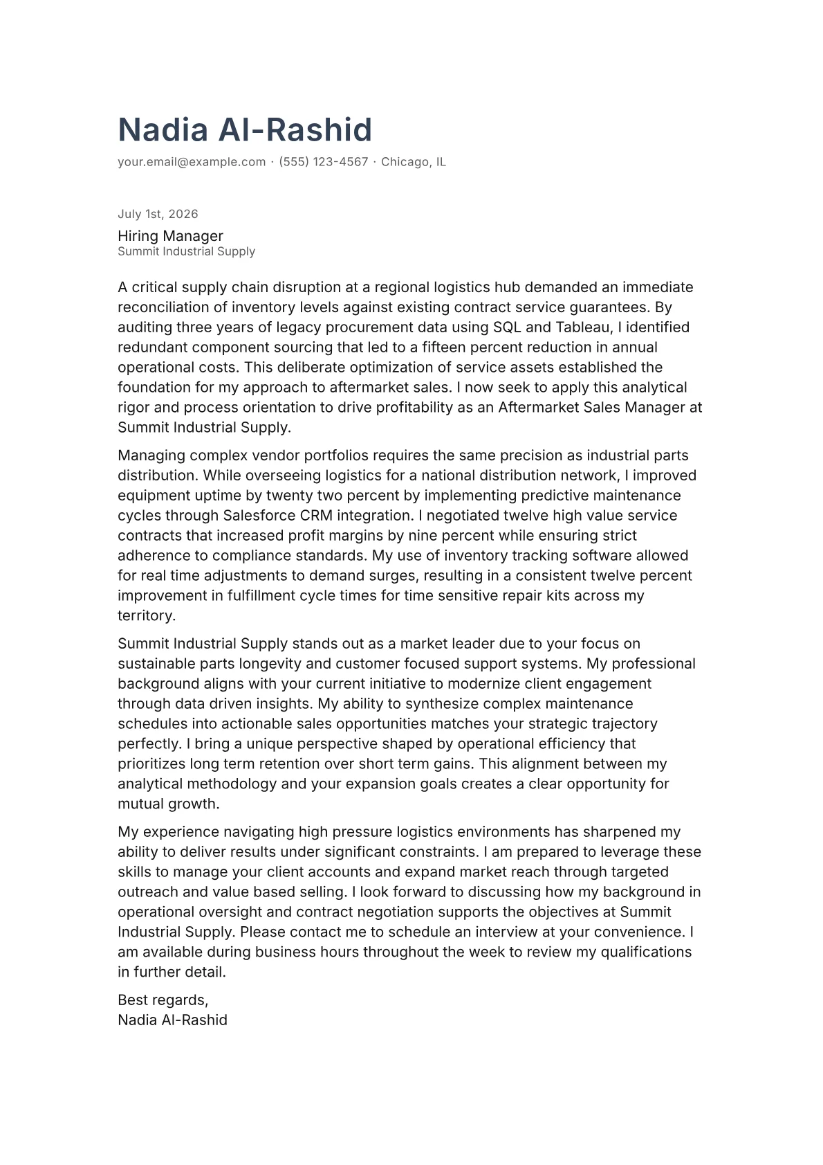 Aftermarket Sales Manager cover letter in the Minimal design