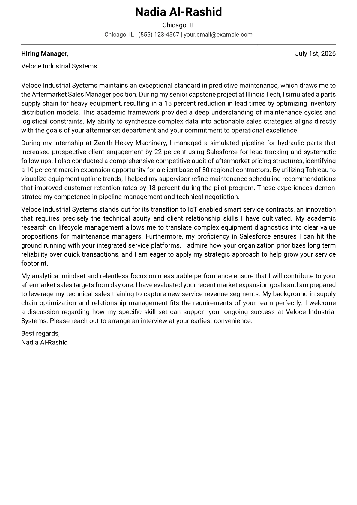 Aftermarket Sales Manager cover letter in the Modern design