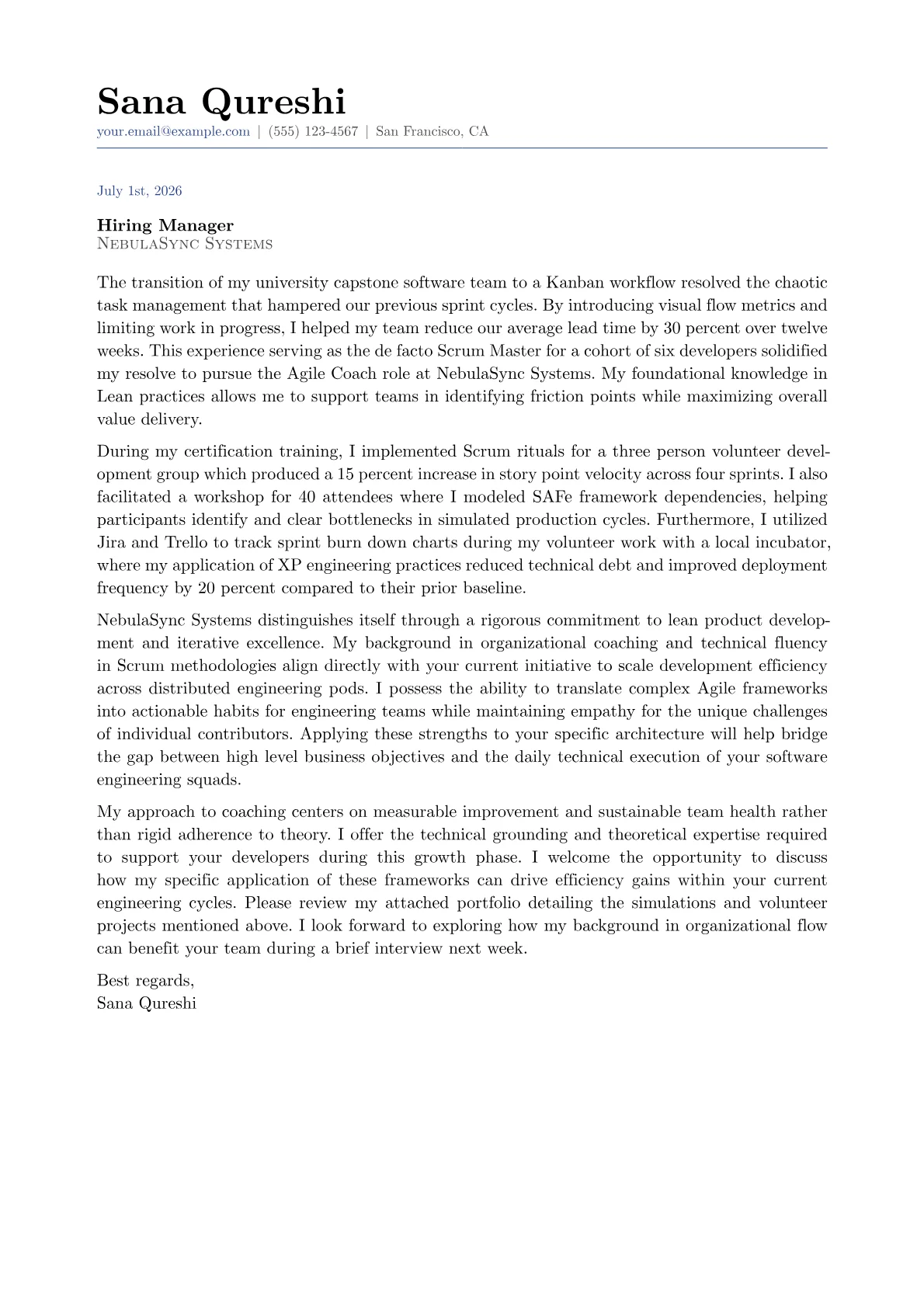Agile Coach cover letter in the Classic design
