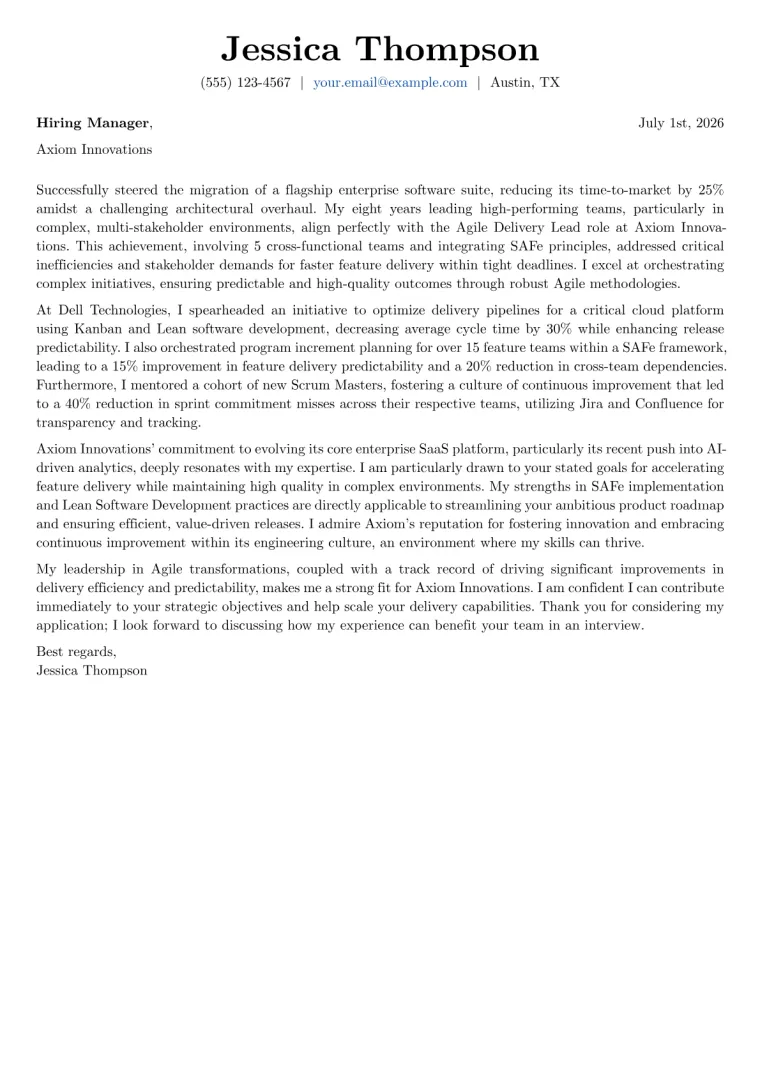 Agile Delivery Lead Cover Letter Example